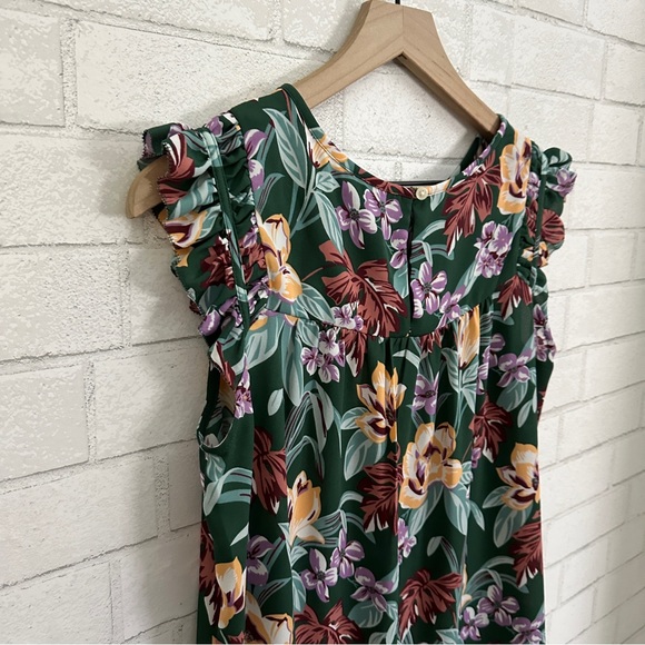 LOFT Green Flowered Ruffle Cap Sleeve Top - Picture 9 of 9